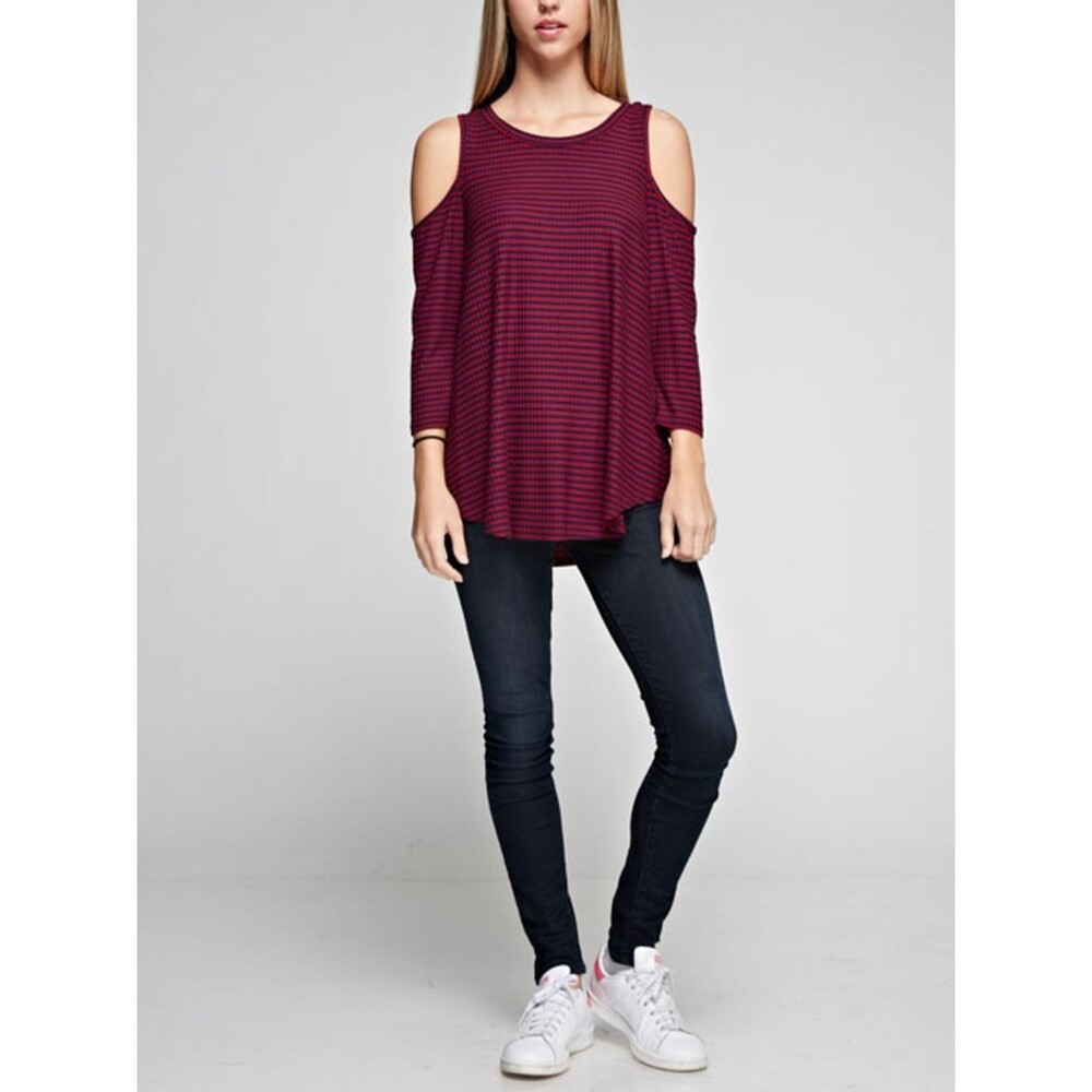 Women’s Magenta Navy Striped Cold Shoulder Top Long Sleeve Size M